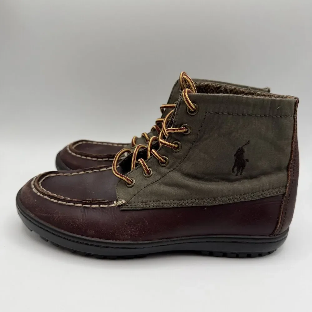 Polo by Ralph Lauren Lorenzo Mid Olive/Brown Leather Canvas Boots Kids Size 4